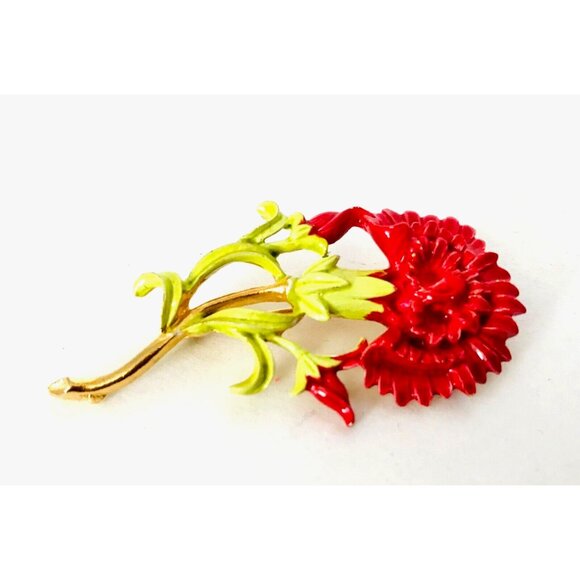 Rafaelian Signed Enameled Brooch Red Flower Gold Tone Vintage Pin - Picture 2 of 3